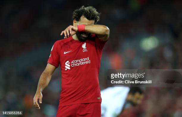 Mohamed Salah of Liverpool reacts during the Premier League match between Liverpool FC and Crystal Palace at Anfield on August 15, 2022 in Liverpool,...