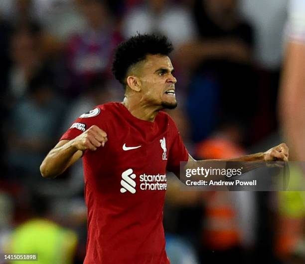 Luis Diaz of Liverpool celebrates after scoring the first goal during the Premier League match between Liverpool FC and Crystal Palace at Anfield on...