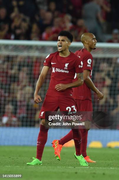 Luis Diaz of Liverpool celebrates after scoring the first goal during the Premier League match between Liverpool FC and Crystal Palace at Anfield on...