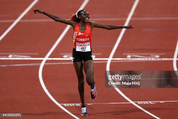 Gold medalist Yasemin Can of Turkey celebrates at the finish line during the Athletics - Women's 10,000m Final on day 5 of the European Championships...