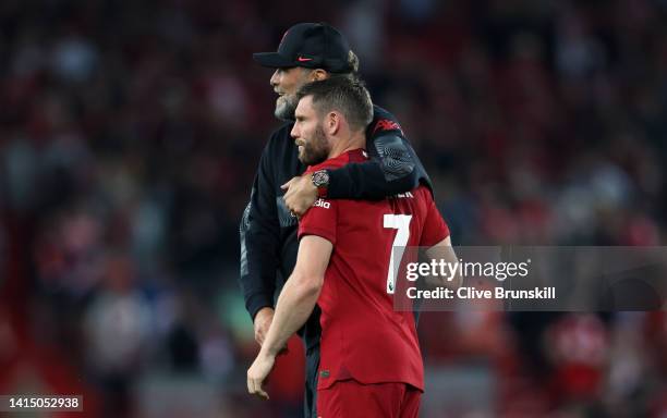 Liverpool Mananger, Jurgen Klopp interacts with James Milner of Liverpool after the Premier League match between Liverpool FC and Crystal Palace at...