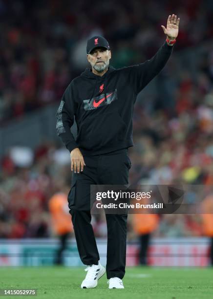 Liverpool Manager, Jurgen Klopp acknowledges the fans after the Premier League match between Liverpool FC and Crystal Palace at Anfield on August 15,...