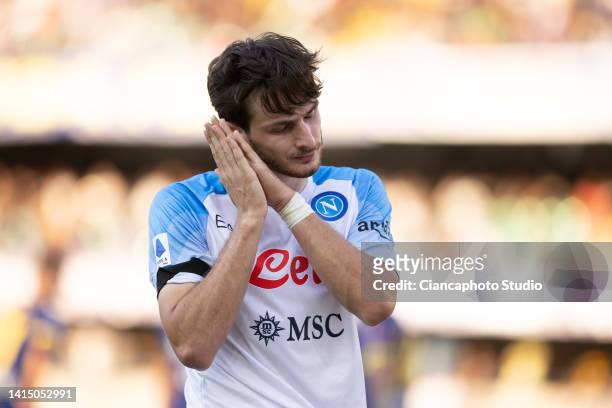 Khvicha Kvaratskhelia of Napoli SSC celebrates after scoring his team's first goal during the Serie A match between Hellas Verona and SSC Napoli at...