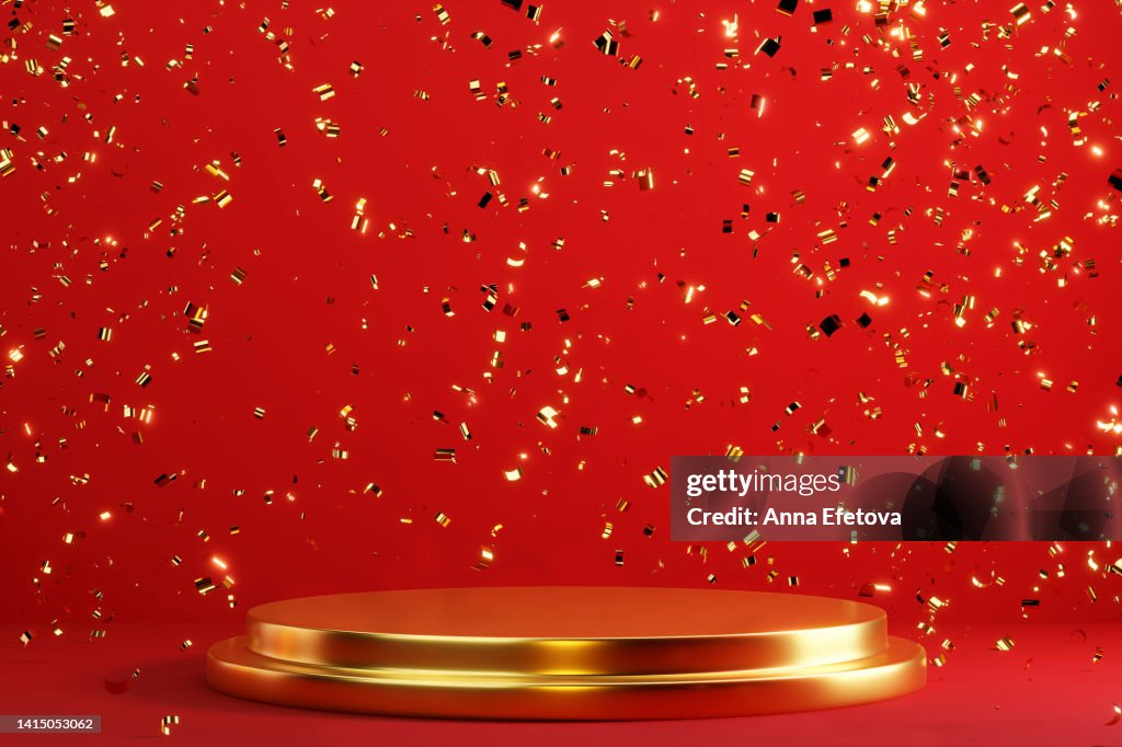 Golden podium and many falling golden confetti on red background. Vibrant festive room for your products presentation