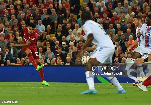 Luis Diaz of Liverpool fires in the Liverpool goal during the Premier League match between Liverpool FC and Crystal Palace at Anfield on August 15,...