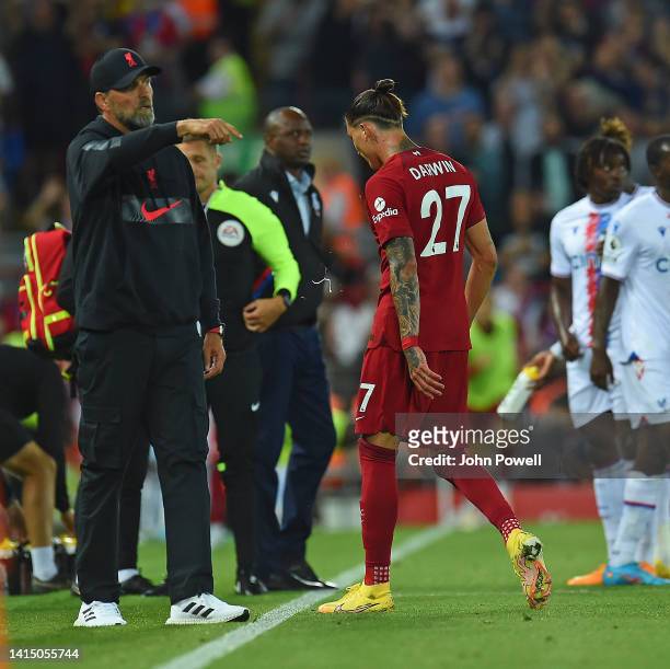 Darwin Nunez of Liverpool goes off after his red card during the Premier League match between Liverpool FC and Crystal Palace at Anfield on August...