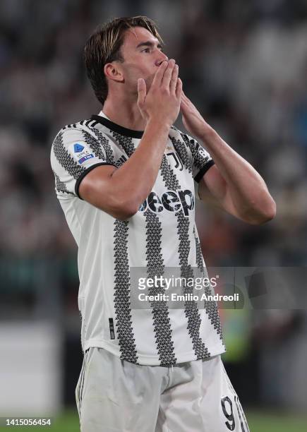 Dusan Vlahovic of Juventus celebrates his second goal during the Serie A match between Juventus and US Sassuolo at Allianz Stadium on August 15, 2022...