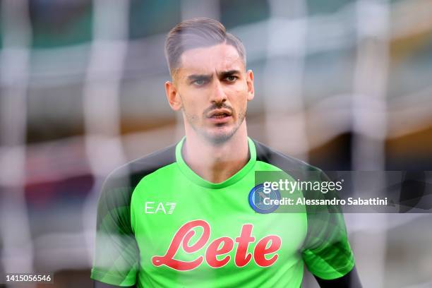 Alex Meret of SSC Napoli looks on during the Serie A match between Hellas Verona and SSC Napoli at Stadio Marcantonio Bentegodi on August 15, 2022 in...