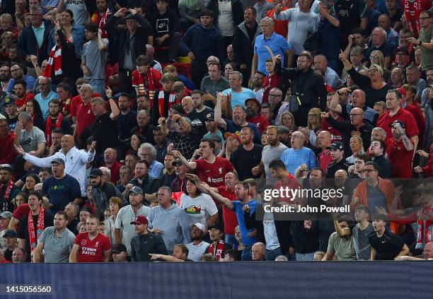 Angry Liverpool Fans during the Premier League match between Liverpool FC and Crystal Palace at Anfield on August 15, 2022 in Liverpool, England.