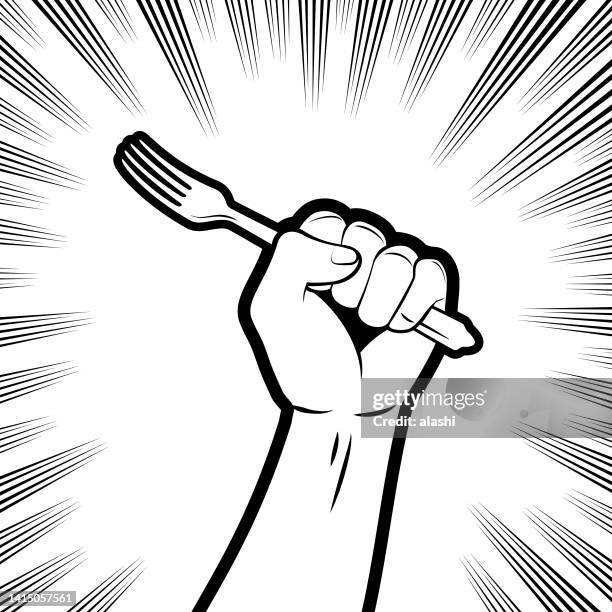 one strong fist holding a fork - food fight stock illustrations