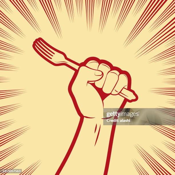 one strong fist holding a fork - body language stock illustrations