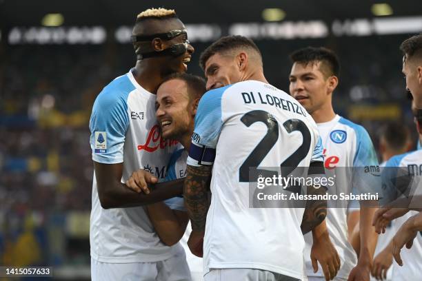 Stanislav Lobotka of SSC Napoli celebrates after scoring a goal with team mates during the Serie A match between Hellas Verona and SSC Napoli at...