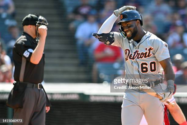 Akil Baddoo of the Detroit Tigers reacts after striking out in the third inning of the first game of a doubleheader against the Cleveland Guardians...