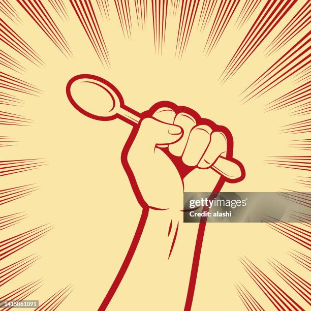 stockillustraties, clipart, cartoons en iconen met one strong fist holding a spoon - foodcourt