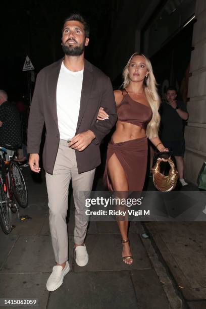 Dan Edgar and Amber Turner seen outside TOWIE season launch party at Aqua Nueva on August 15, 2022 in London, England.