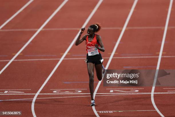 Gold medalist Yasemin Can of Turkey celebrates at the finish line during the Athletics - Women's 10,000m Final on day 5 of the European Championships...