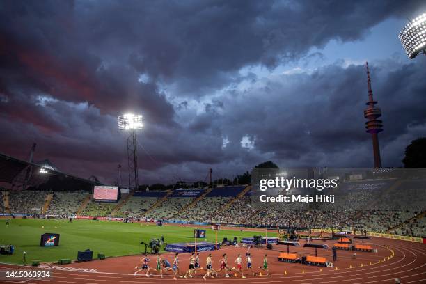 General view as athletes compete during the Athletics - Men's 1500m Round 1 - Heat 2 on day 5 of the European Championships Munich 2022 at...