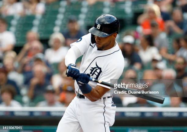 Victor Reyes of the Detroit Tigers bats against the Tampa Bay Rays during the first inning at Comerica Park on August 5 in Detroit, Michigan.