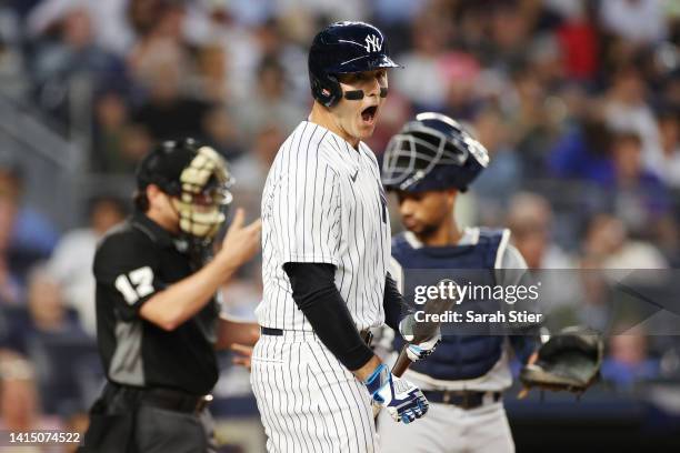 Anthony Rizzo of the New York Yankees reacts after a call during the third inning against the Tampa Bay Rays at Yankee Stadium on August 15, 2022 in...