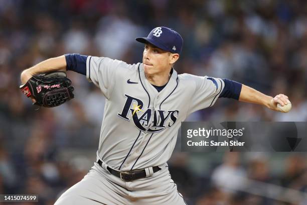 Ryan Yarbrough of the Tampa Bay Rays pitches during the third inning against the New York Yankees at Yankee Stadium on August 15, 2022 in the Bronx...