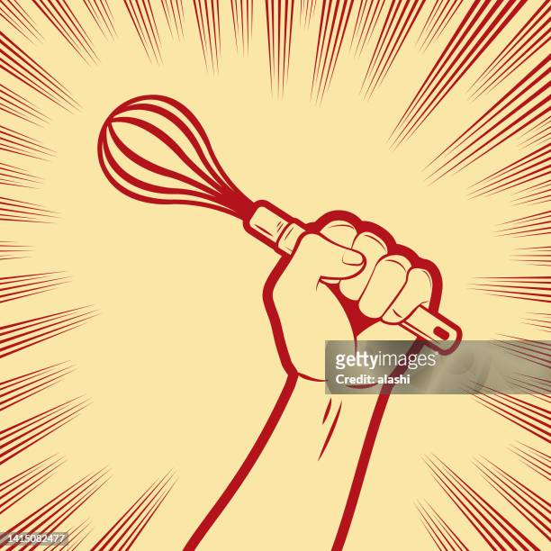 one strong fist holding a wire whisk or egg beater - red revolution stock illustrations