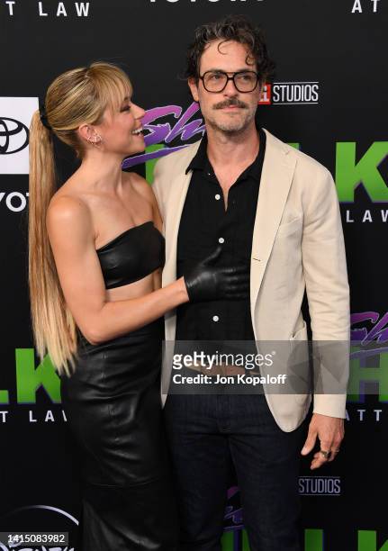 Tatiana Maslany and Brendan Hines attend Marvel Studios "She-Hulk: Attorney at Law" Los Angeles Premiere at El Capitan Theatre on August 15, 2022 in...