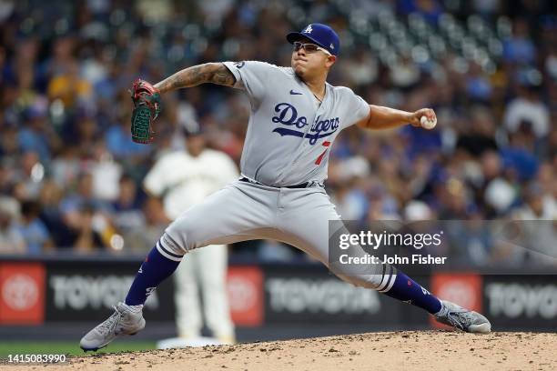 Julio Urias of the Los Angeles Dodgers throws a pitch in the second inning against the Milwaukee Brewers at American Family Field on August 15, 2022...