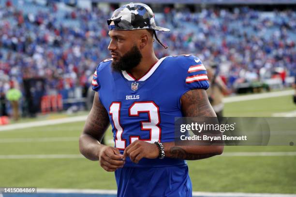 Gabriel Davis of the Buffalo Bills walks off the field after a preseason game against the Indianapolis Colts at Highmark Stadium on August 13, 2022...