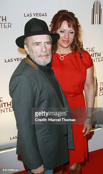 Musician Merle Haggard and wife Theresa Ann Lane are seen arriving for the grand opening of The Smith Center for the Performing Arts on March 10,...
