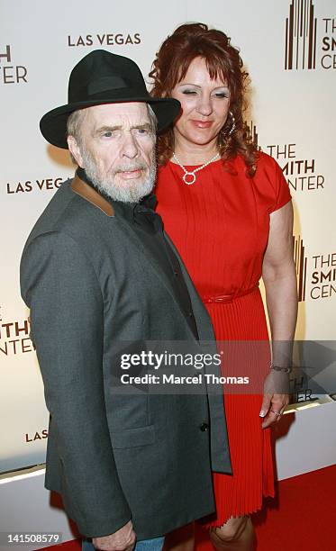 Musician Merle Haggard and wife Theresa Ann Lane are seen arriving for the grand opening of The Smith Center for the Performing Arts on March 10,...