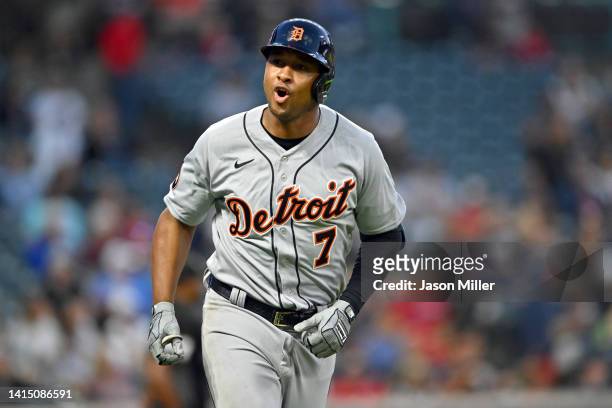 Jonathan Schoop of the Detroit Tigers celebrates a solo home run in the sixth inning of the second game of a doubleheader against the Cleveland...