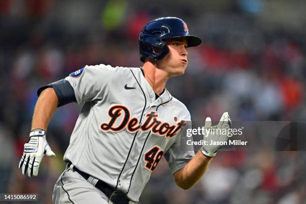 Kerry Carpenter of the Detroit Tigers rounds the bases on a solo home run in the sixth inning of the second game of a doubleheader against the...