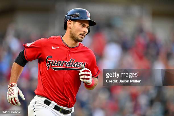Luke Maile of the Cleveland Guardians rounds the bases on a solo home run in the fourth inning of the second game of a doubleheader against the...