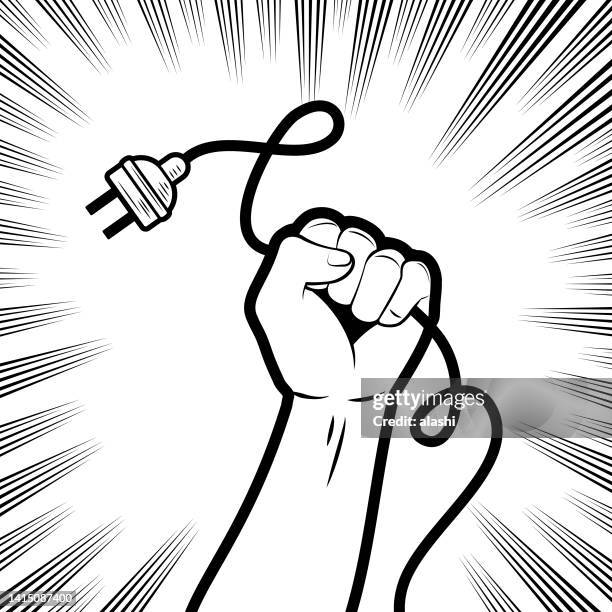 one strong fist holding an electric plug - network connection plug stock illustrations