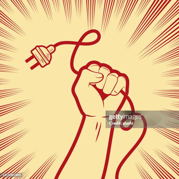 stockillustraties, clipart, cartoons en iconen met one strong fist holding an electric plug - acoustic music