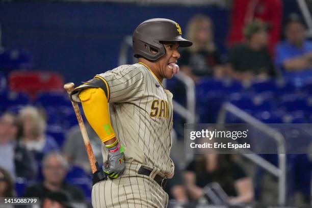 Juan Soto of the San Diego Padres reacts after a pitch from Sandy Alcantara of the Miami Marlins in the first inning at loanDepot park on August 15,...