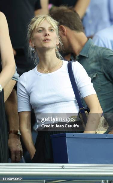 Melanie Laurent attends the Ligue 1 Uber Eats match between Paris Saint-Germain and Montpellier HSC at Parc des Princes stadium on August 13, 2022 in...
