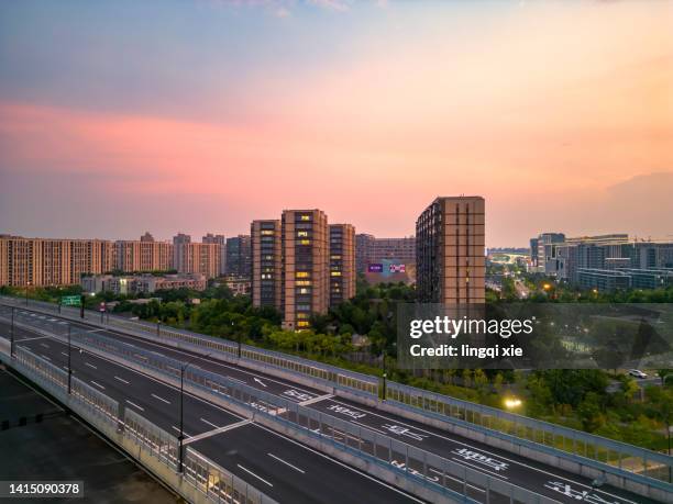 drone aerial photography of night view of hangzhou city, china - hangzhou bildbanksfoton och bilder