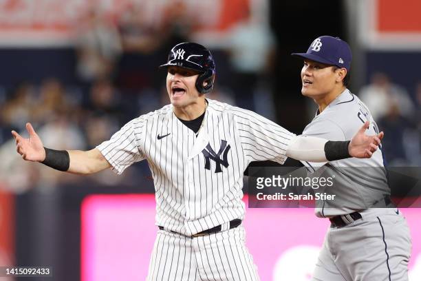 Josh Donaldson of the New York Yankees reacts after a call during the ninth inning against the Tampa Bay Rays at Yankee Stadium on August 15, 2022 in...