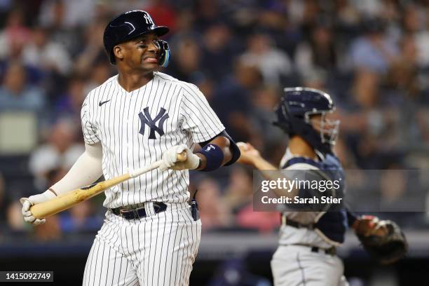 Miguel Andujar of the New York Yankees reacts after striking out during the sixth inning against the Tampa Bay Rays at Yankee Stadium on August 15,...