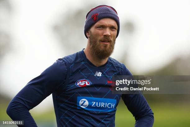 Max Gawn of the Demons looks on during a Melbourne Demons AFL training session at Casey Fields on August 16, 2022 in Melbourne, Australia.