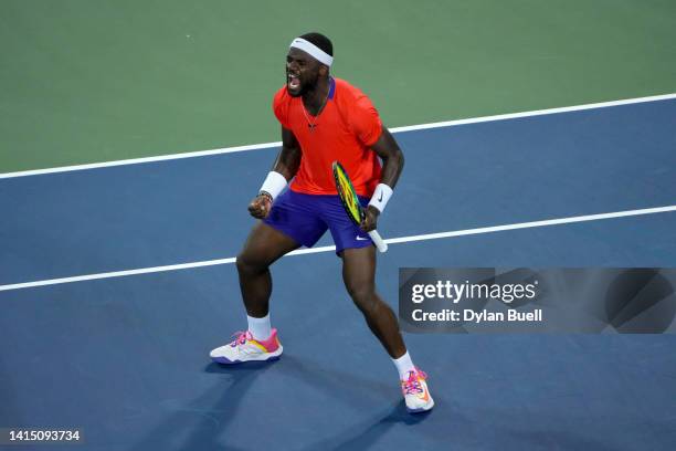 Frances Tiafoe of the United States celebrates after beating Matteo Berrettini of Italy 7-6, 4-6, 7-6 during the Western & Southern Open at the...