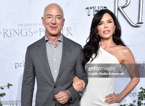 Jeff Bezos and Laura Sánchez attend the Los Angeles premiere of Amazon Prime Video's "The Lord of The Rings: The Rings of Power" at The Culver...