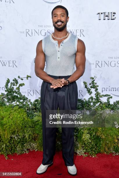 Michael B. Jordan attends the Los Angeles premiere of Amazon Prime Video's "The Lord of The Rings: The Rings of Power" at The Culver Studios on...