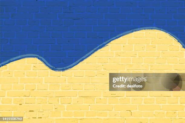 horizontale kreative abstrakte ukrainische flaggenvektorhintergründe in dunkelblauen und gelben farben wie in der nationalflagge der ukraine, gemalt als graffiti auf einer grob strukturierten ziegelwand - graffiti on brick wall stock-grafiken, -clipart, -cartoons und -symbole