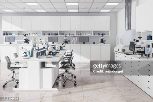 modern empty science laboratory with computers, microscopes, test tubes and other laboratory equipments - laboratory stock pictures, royalty-free photos & images