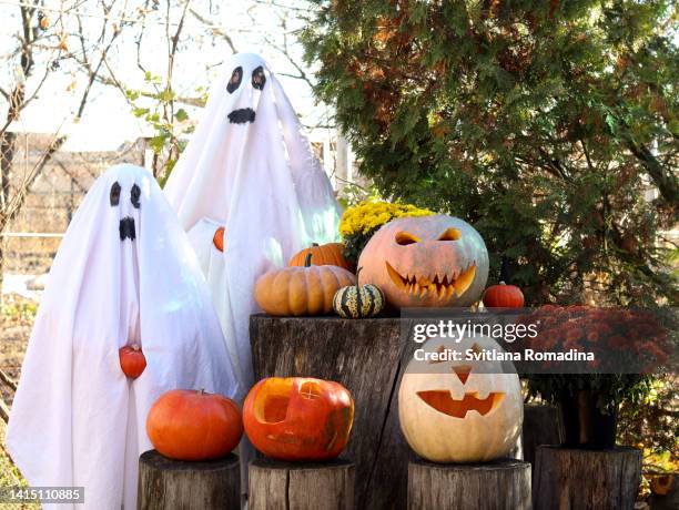 funny halloween composition.  kids in  ghost' s costumes - fancy dress costume imagens e fotografias de stock