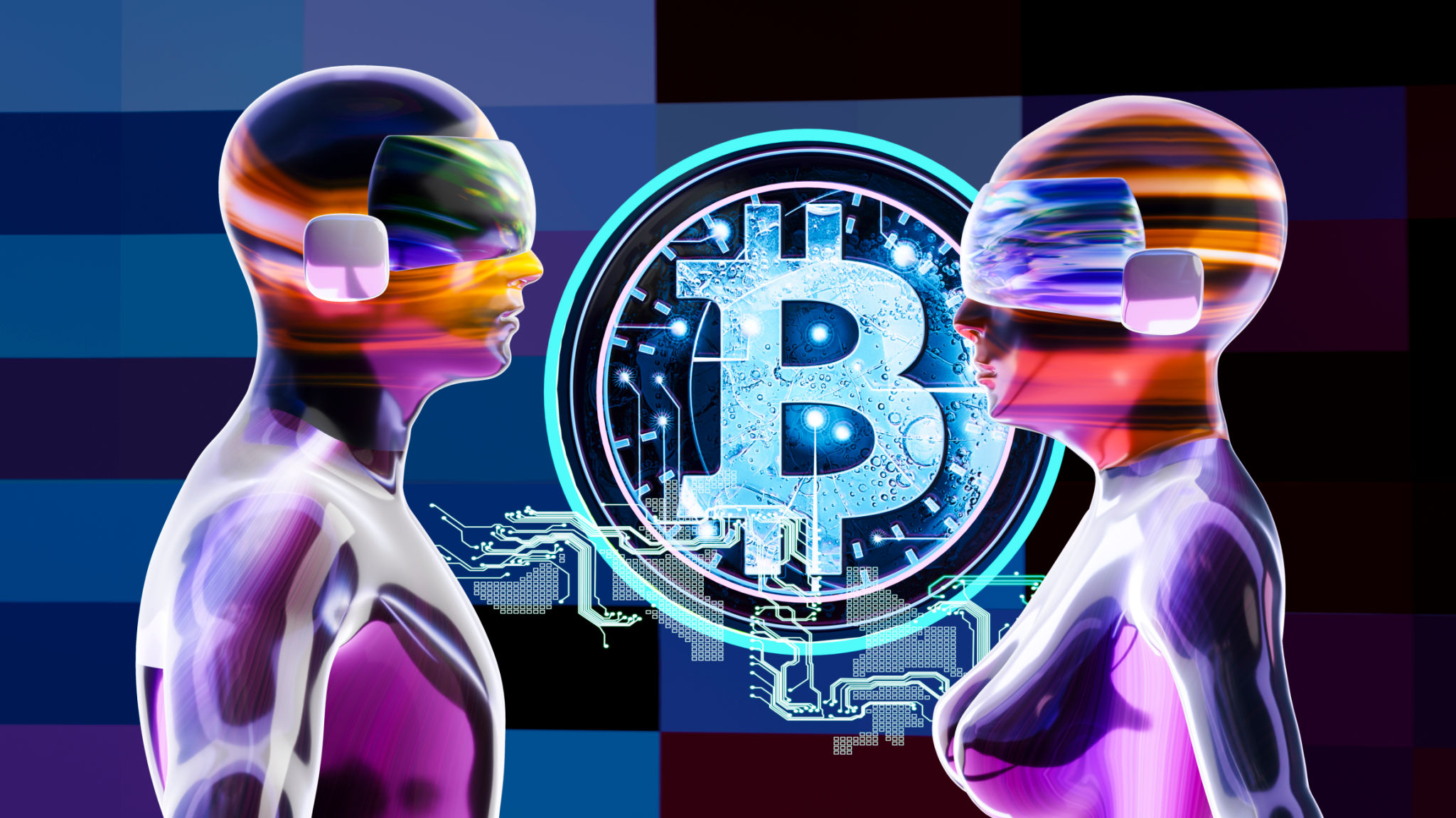 Male and female avatars wearing VR masks in front of a bitcoin neon sign floating in the metaverse Male and female avatars wearing VR masks in front of a bitcoin neon sign floating in the metaverse