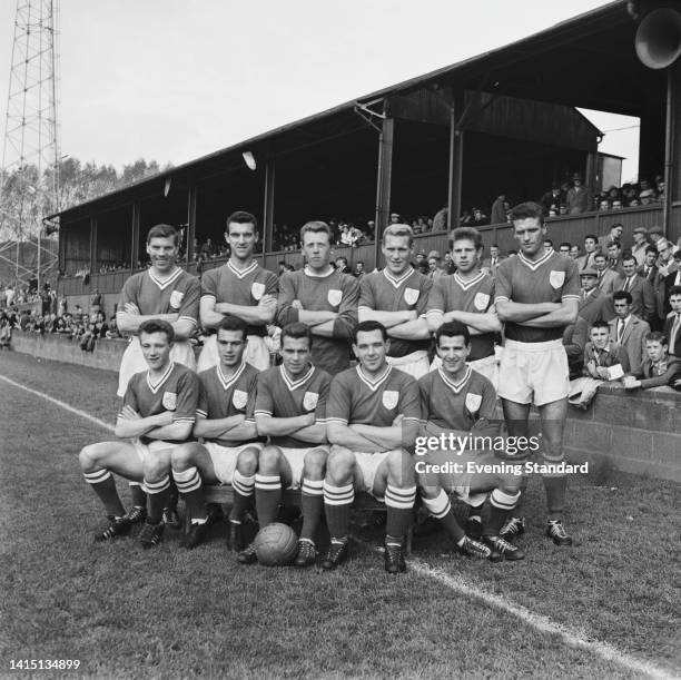 Shrewsbury Town players pose for a team portrait ahead of a match, opponent, at the club's Gay Meadow ground in Shrewsbury, Shropshire, England, June...