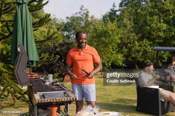 cheerful barbecue weekends - chicken skewers stockfoto's en -beelden